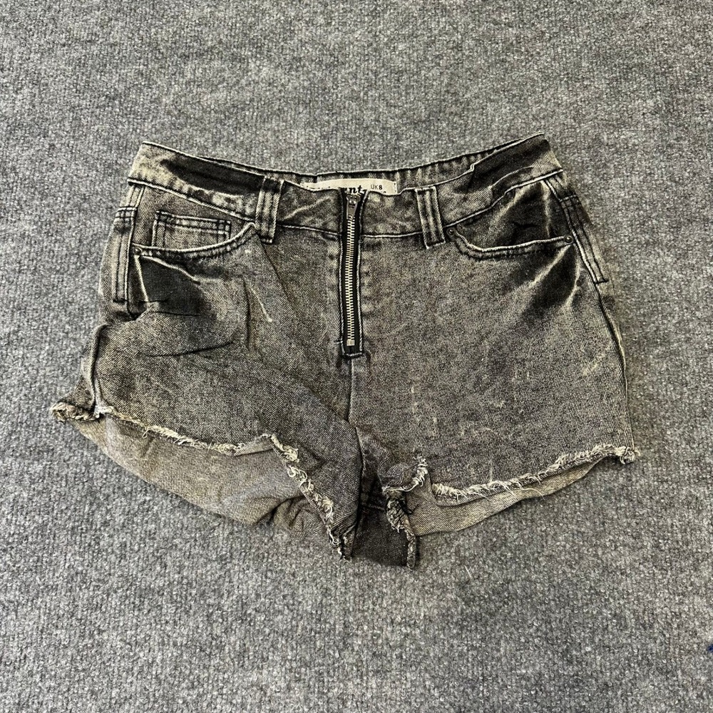 Hotpant Denim Shorts Womens Size UK 8 Grey Acid Wash Raw Hem Front Zip Casual